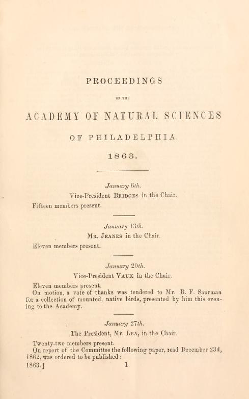 Media type: text; Lea 1863 Description: Proceedings of the Academy of Natural Sciences of Philadelphia, vol. 15;